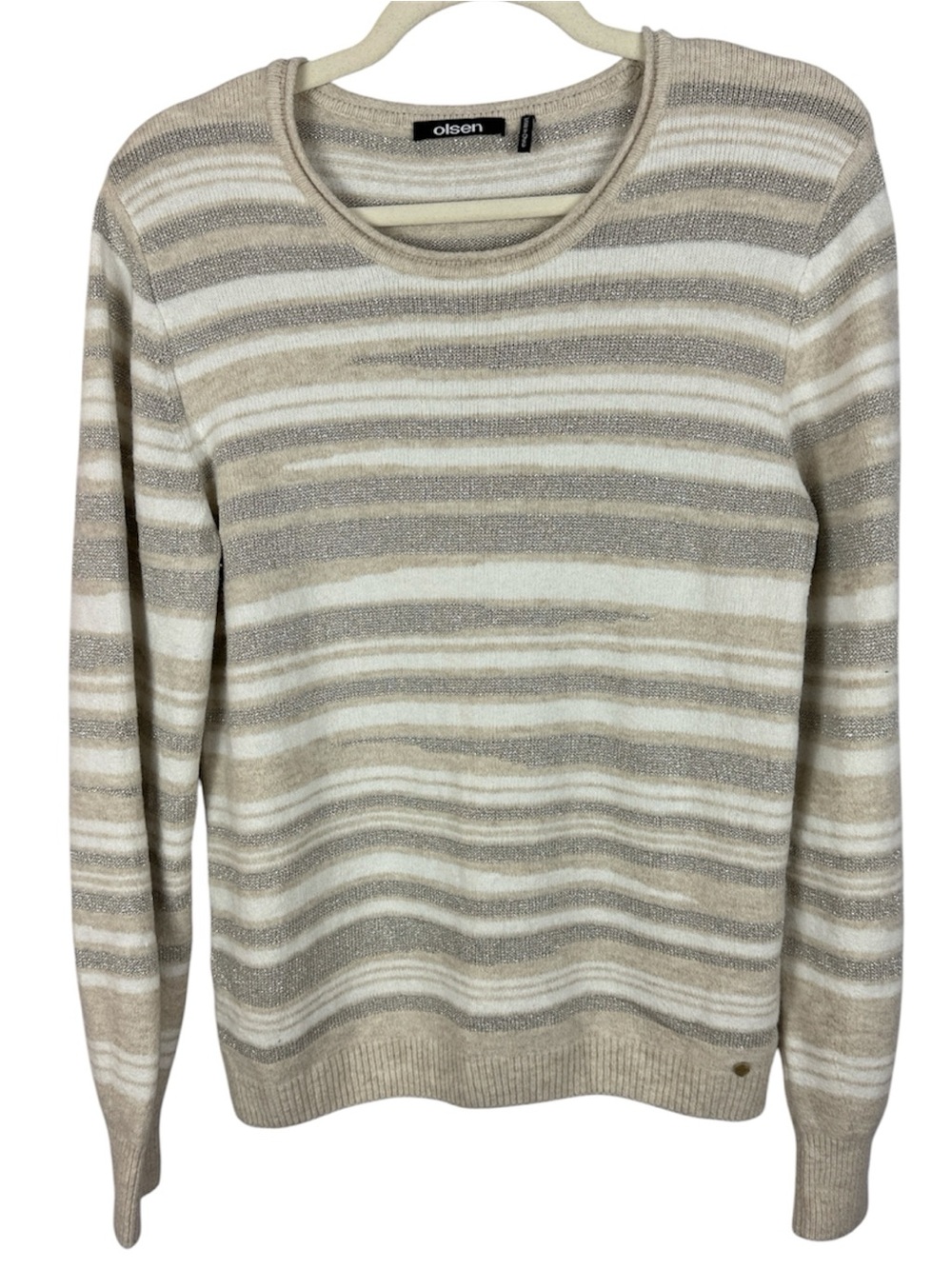 Olsen Henny Striped Metallic Knit Pullover Sweater Beige Cream Silver Size 6